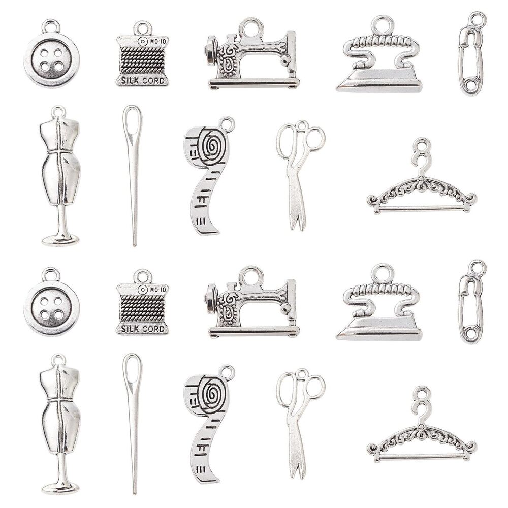 3516 50 Pcs 10 Styles Vintage Silver Sewing Theme Charms Zinc Alloy Charms